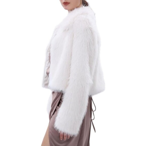 Women's Faux Fur Zip-Up Cropped Jacket Long Sleeve Warm Winter Coat White - Picture 2 of 5